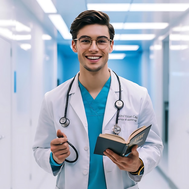 young and handsome man wearing a white lab coat and glasses smiles brightly while holding a medica