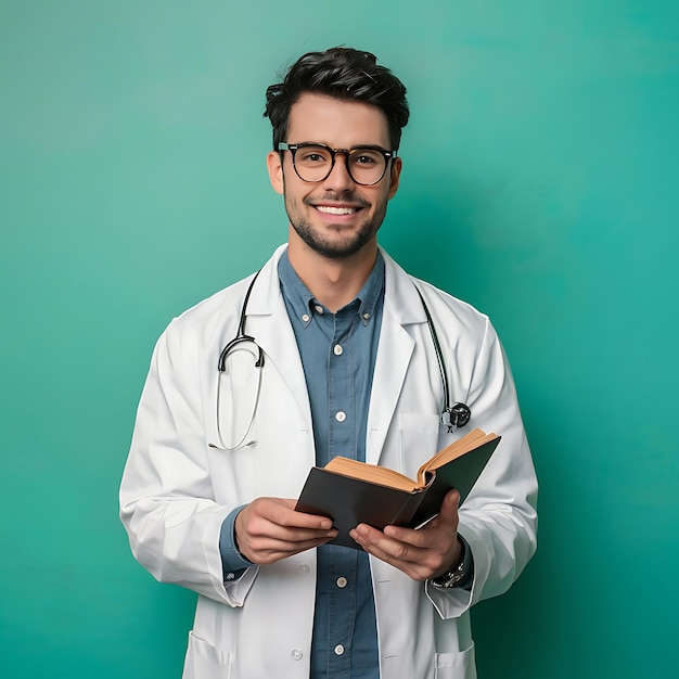 young and handsome man wearing a white lab coat and glasses smiles brightly while holding a medica