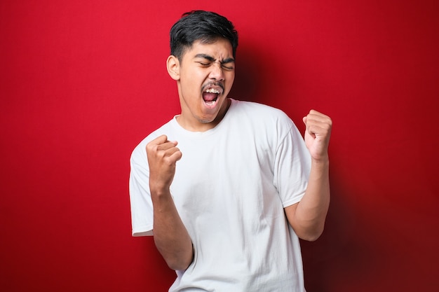 Young handsome man wearing white t-shirt standing over isolated red background very happy and excited doing winner gesture with arms raised, smiling and screaming for success. Celebration concept