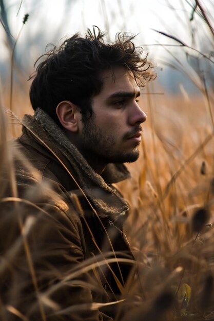 Young handsome man in a wheat field at sunset Selective focus