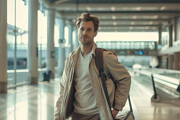 Photo young handsome man with a bag on his shoulder in a hurry to the airport