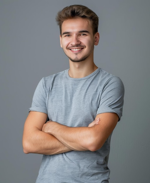 Young handsome man with folded arms in a studio shot Isolated on gray background