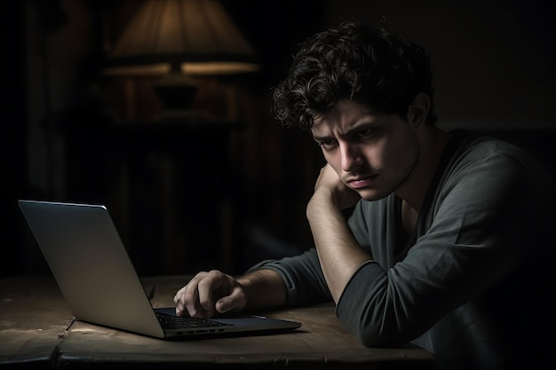 Young handsome man working with his laptop looking far away keeping hand on forehead