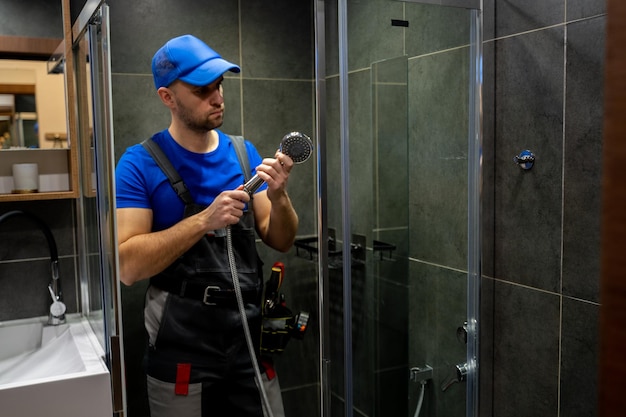 Young handsome plumber in uniform fixing the shower Fixing the shower hose and mixer in the bathroom