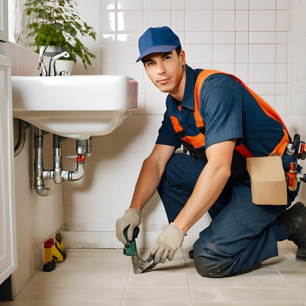 Photo young handsome plumber wearing a working uniform and a cap kneeling down in the bathroom to fix