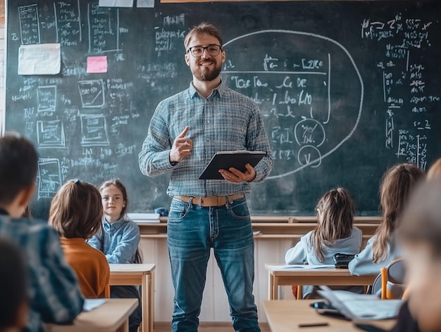 Photo a young handsome teacher teaching in classroom ai generated