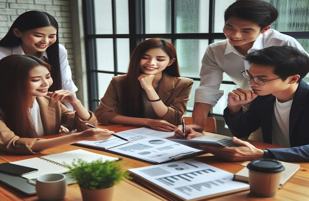 Young happy Asian business man woman work together