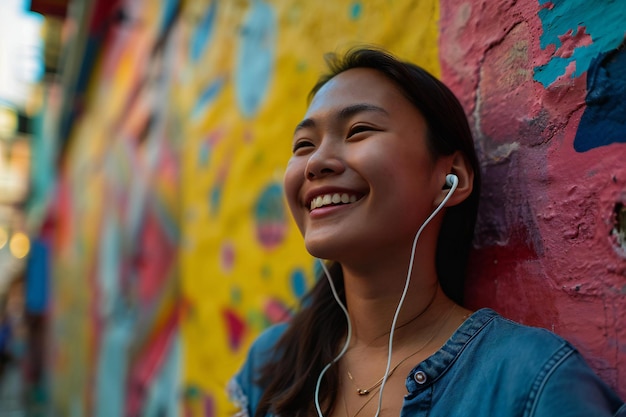 Young happy and beautiful Asian Korean woman listening to music with earphones outdoors in urban cit