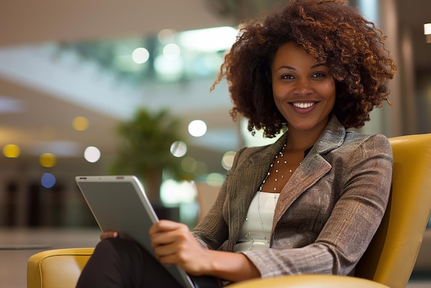 Young happy business woman working with tablet in corporate office