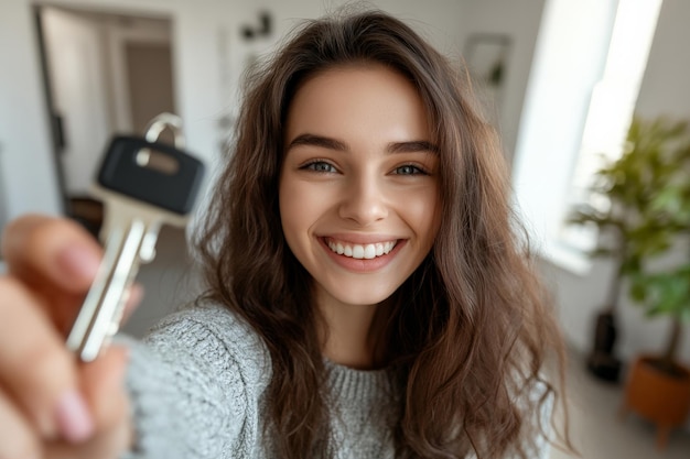 Photo a young happy caucasian woman takes a selfie with her new apartment key grinning with pride and