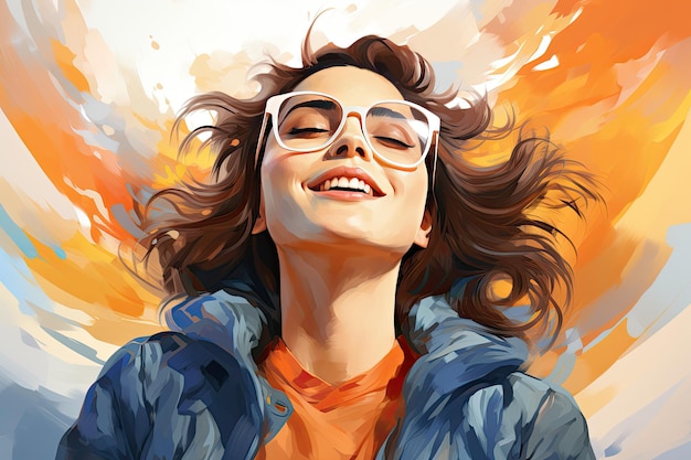 Young happy cheerful woman happy laughing female wearing glasses looking up at copy space multicolored background generative ai