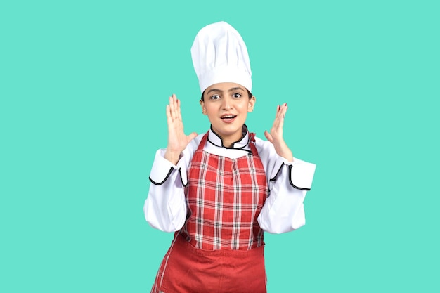 young happy chef girl front pose indian pakistani model