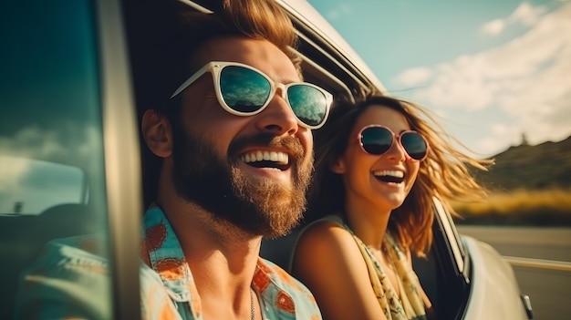 A young happy couple go on a trip by car A beautiful man and woman wearing sunglasses look out the window of their new car against the background of nature on a sunny day