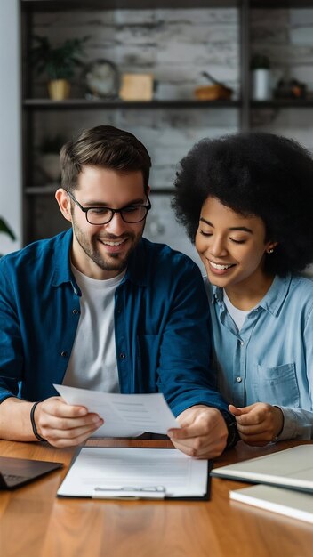 Young happy couple reading terms of mortgage documents while having meeting with real estate agent