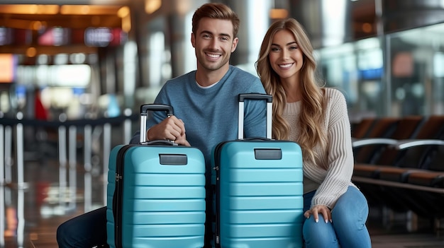 Young happy couple sitting with suitcases at airport for international departure travel