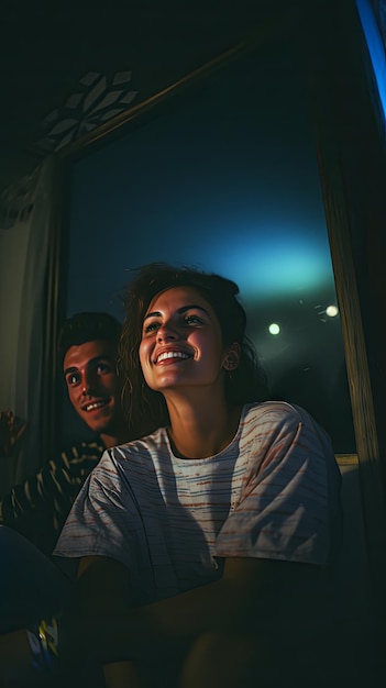 Young happy couple watching movie on TV at home