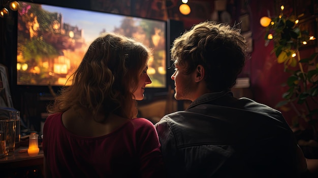 Young happy couple watching movie on TV at home