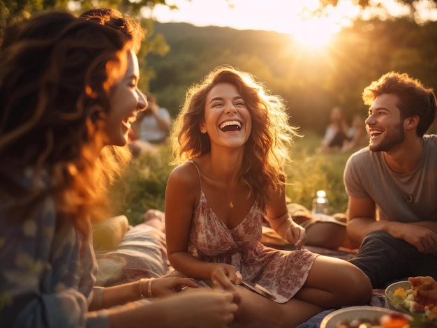 young happy friends laughing and laughing at picnic young happy friends laughing and laughing a