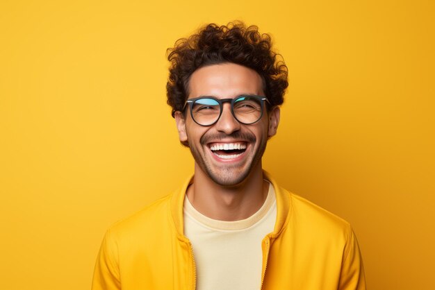 A young happy handsome men portrait yellow background model