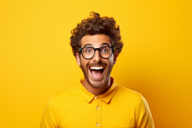 A young happy handsome men portrait yellow background model