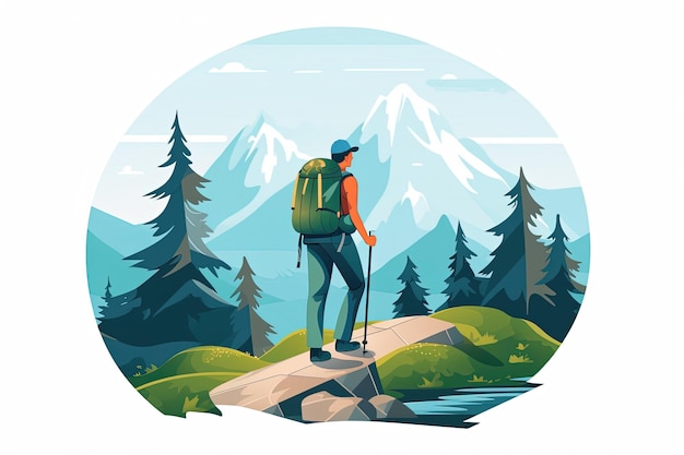 Young happy healthy man hiking tourist backpack Trekking forest and mountains illustration