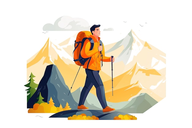 Young happy healthy man hiking tourist backpack Trekking forest and mountains illustration