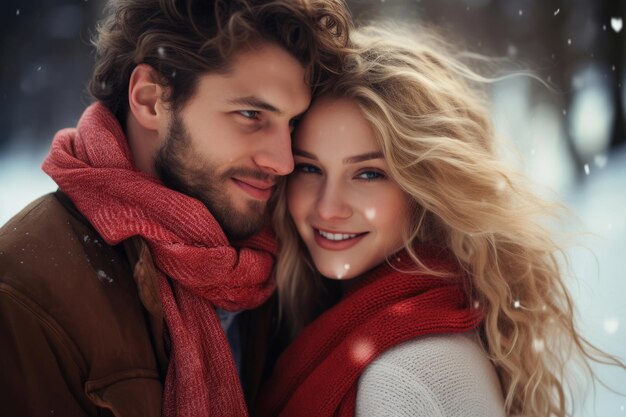 Young happy loving couple in the winter