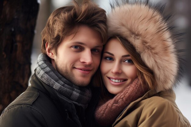 Young happy loving couple in the winter