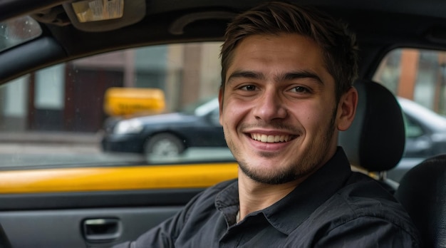 Young happy male taxi driver sits behind the wheel