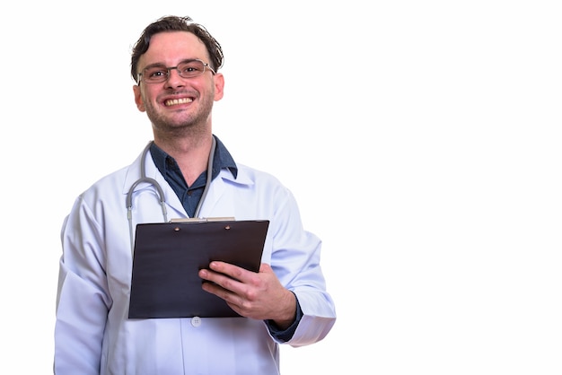 young happy man doctor smiling while holding clip