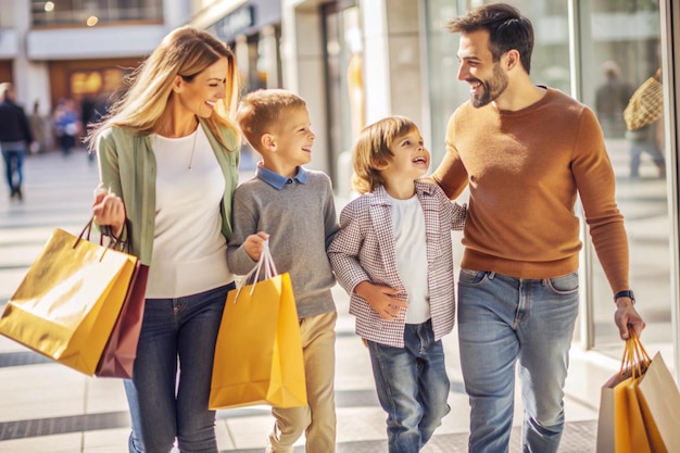 Young happy parents having fun with their family in shopping