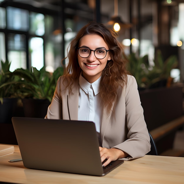 Young happy professional business woman employee sitting at desk working on laptop