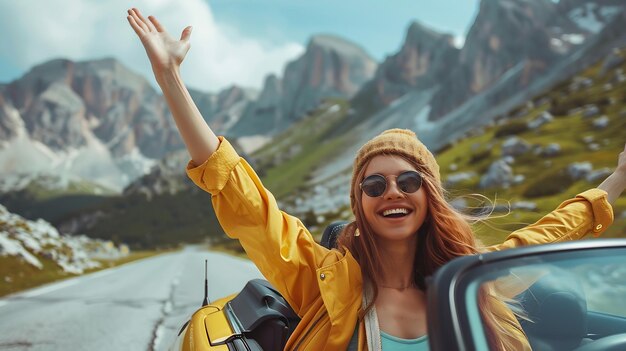 Photo young happy smiling female traveling in convertible car by mountainside holding hand generative ai