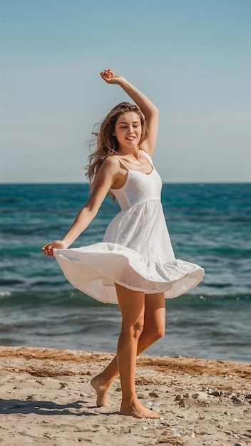 Young happy woman dancing turning around by sea beach sunny summer fashion style in white dress vac