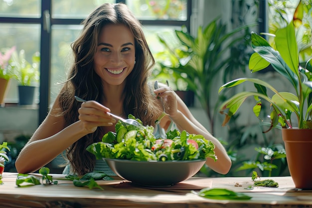 Photo young and happy woman eating healthy salad sitting on the table with green fresh ingredients indoors