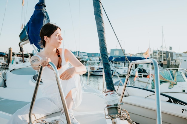 Young happy woman having fun on the luxury sail boat during her summer holidays Calm young lady sitting on sailboat Getting the boat ready to sail Vacation youth and fun concept