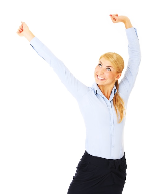 a young happy woman stretching over white background