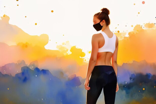 A young healthy girl does a set of exercises outdoors in a protective antivirus mask watercolor