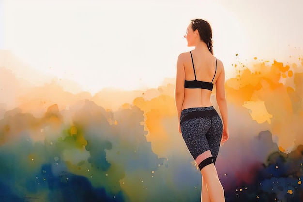 Young healthy girl doing a set of exercises outdoors watercolor drawing Unrecognizable face