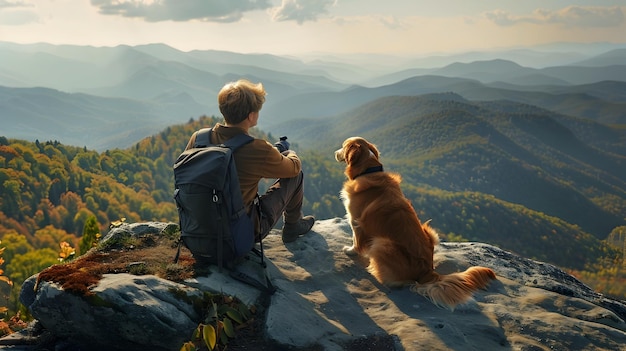 Young Hiker and Golden Retriever Overlooking Great Smoky Mountains National Park