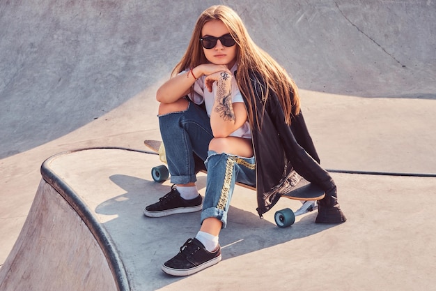 Young hipster girl in sunglasses dressed in ripped jeans and white shirt sitting on longboard at skatepark.