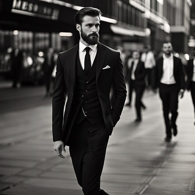 Photo a young hipster man in black suit black beard and sunglasses modal pose