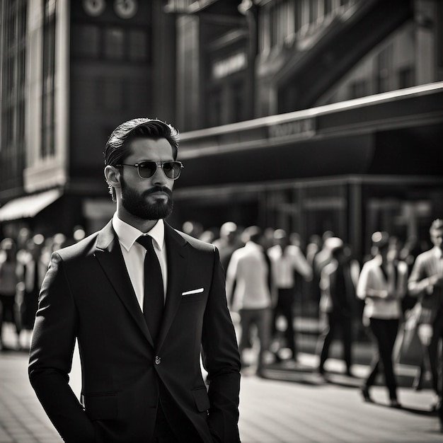 A young hipster man in black suit black beard and sunglasses modal pose