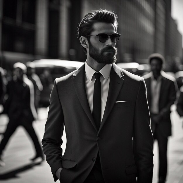 A young hipster man in black suit black beard and sunglasses modal pose