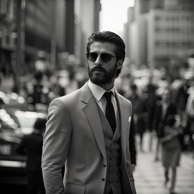 A young hipster man in black suit black beard and sunglasses modal pose