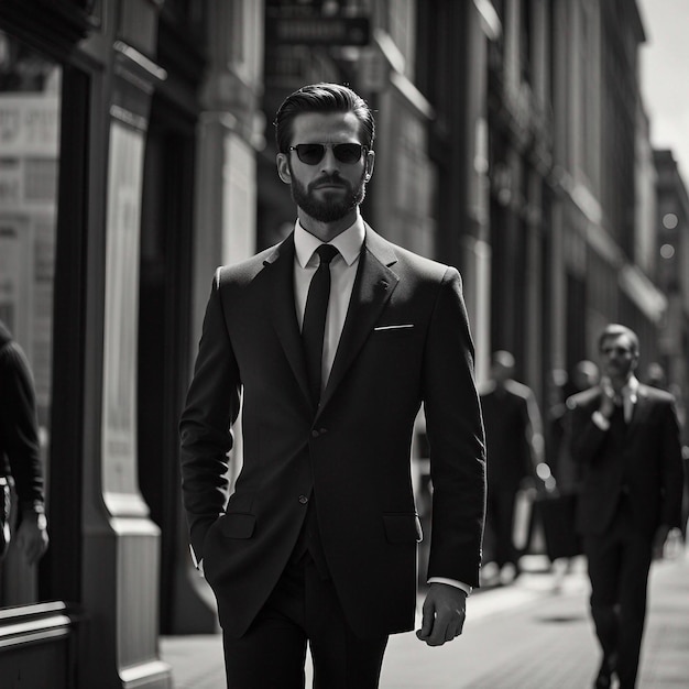 A young hipster man in black suit black beard and sunglasses modal pose