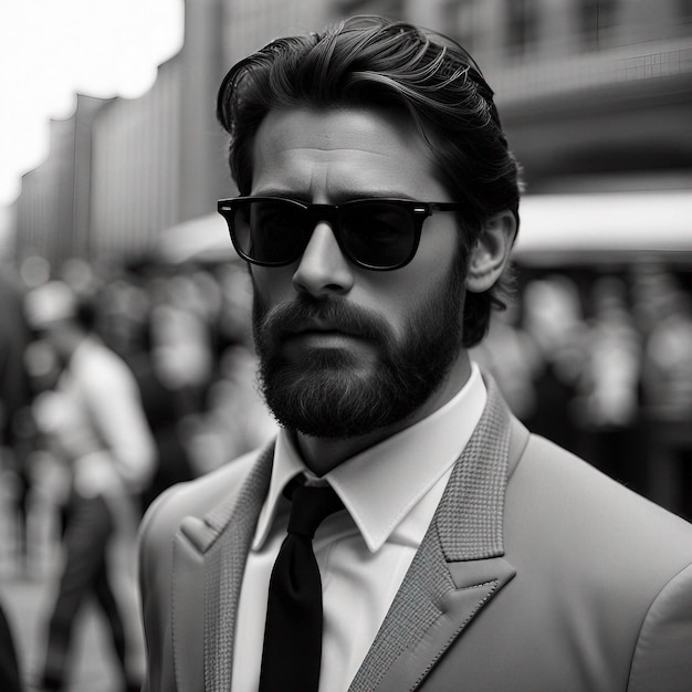 A young hipster man in black suit black beard and sunglasses modal pose