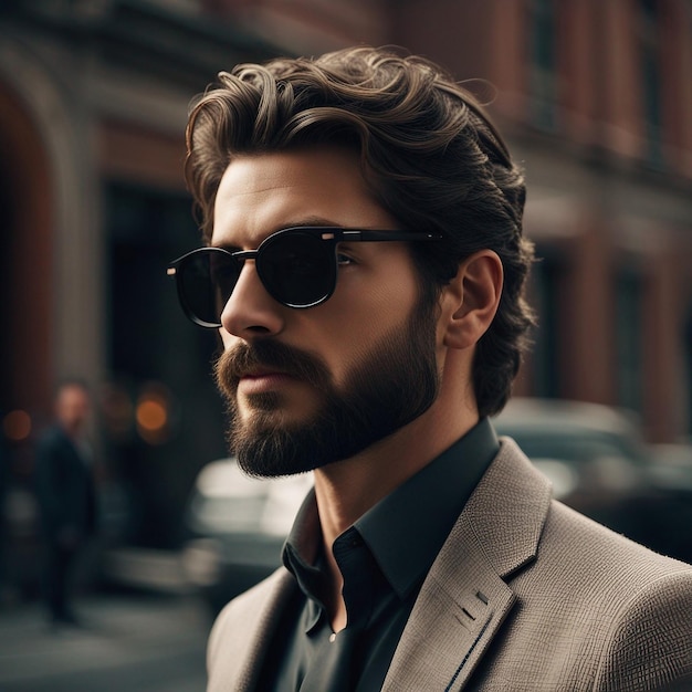 A young hipster man in black suit black beard and sunglasses modal pose