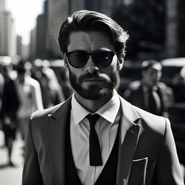 A young hipster man in black suit black beard and sunglasses modal pose