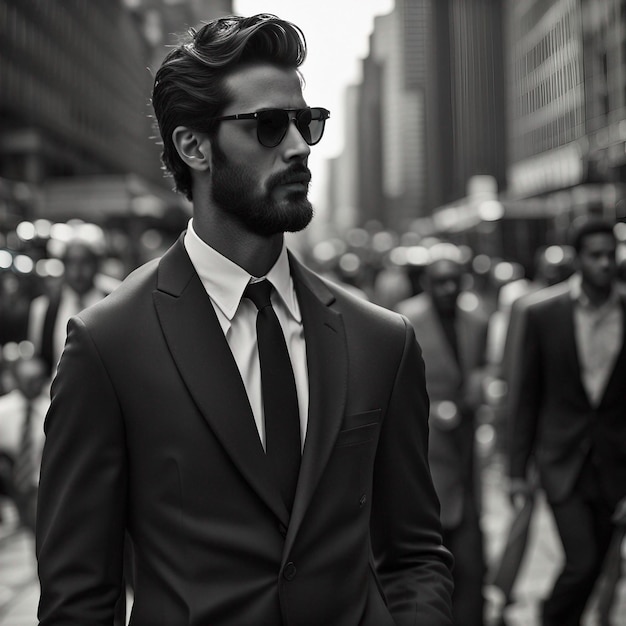 A young hipster man in black suit black beard and sunglasses modal pose